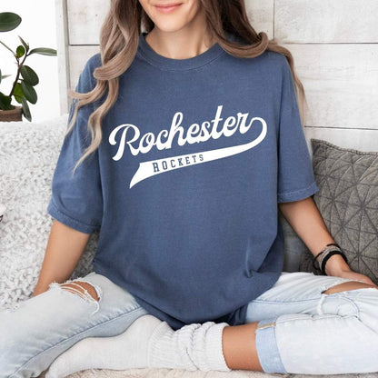 1717 grey Adult Unisex Comfort Colors -Rochester Rockets Banner - Pepper XS / Denim