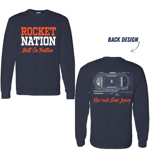 dBoldTees & DTF Transfers Rochester Football Rocket Nation Built On Tradition Long Sleeved T-shirt FR114