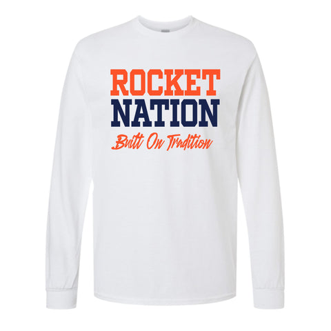 dBoldTees & DTF Transfers Rochester Football Rocket Nation Built On Tradition Long Sleeved T-shirt FR114 2T / White