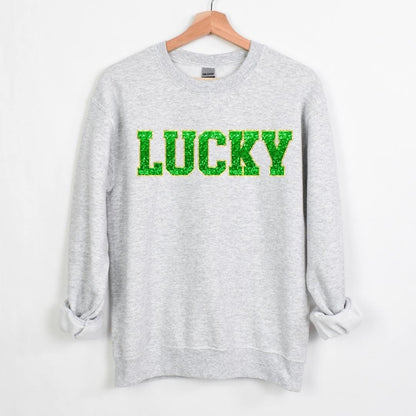 Gildan 18000 ash T-Shirt Lucky Faux Sequin Crewneck Sweatshirt - Ash