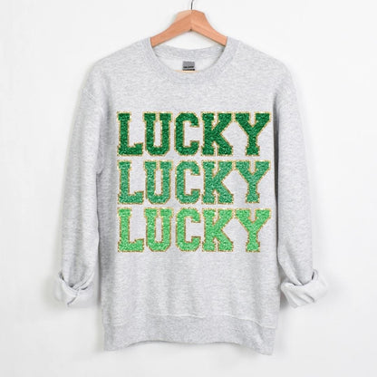Gildan 18000 ash T-Shirt Lucky Lucky Lucky Faux Embroidered Crewneck Sweatshirt - Ash
